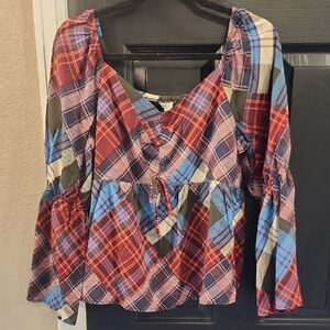 Cato Red and Blue Plaid Bell Sleeve Blouse